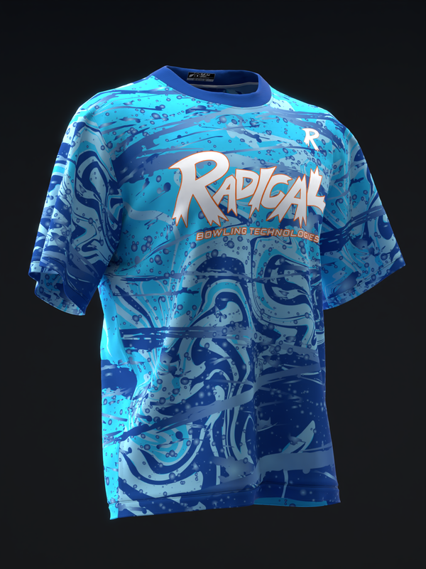 Turquoise bowling jersey with blue abstract swirl pattern and Radical logo