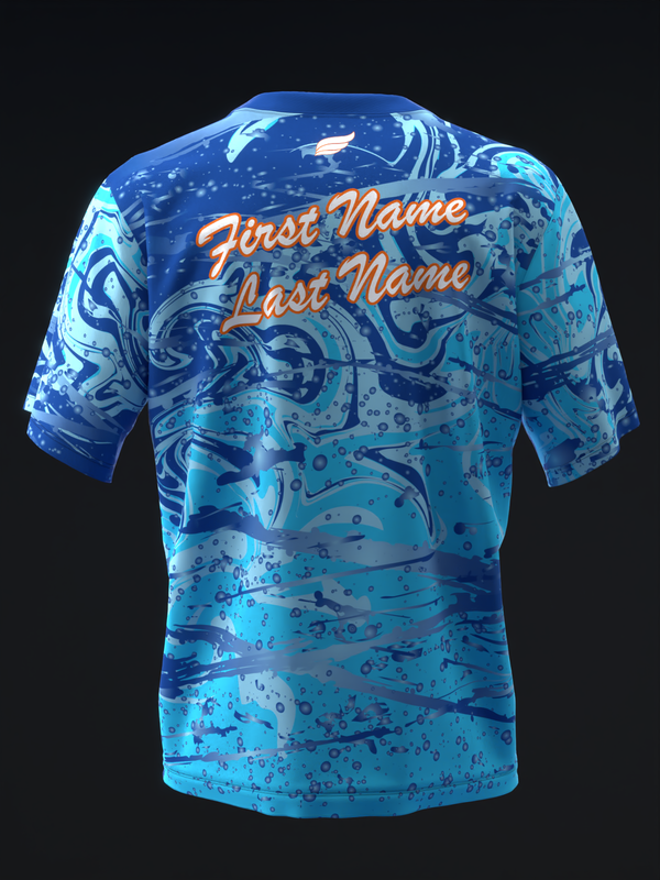 Blue bowling jersey with swirled abstract pattern and orange personalization text on back