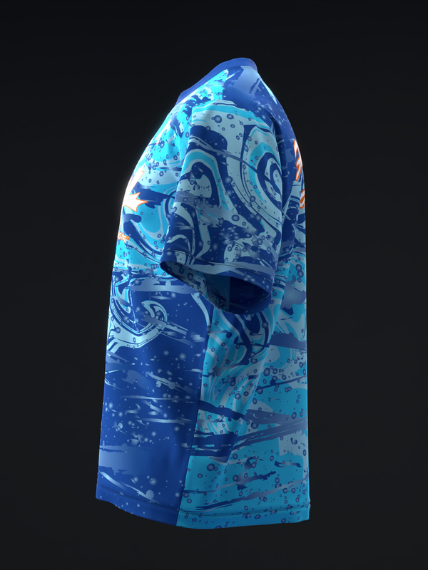 Blue bowling jersey with abstract swirl and splatter pattern design, side view