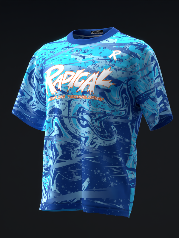 Blue bowling jersey with liquid marble pattern and white Radical logo front view