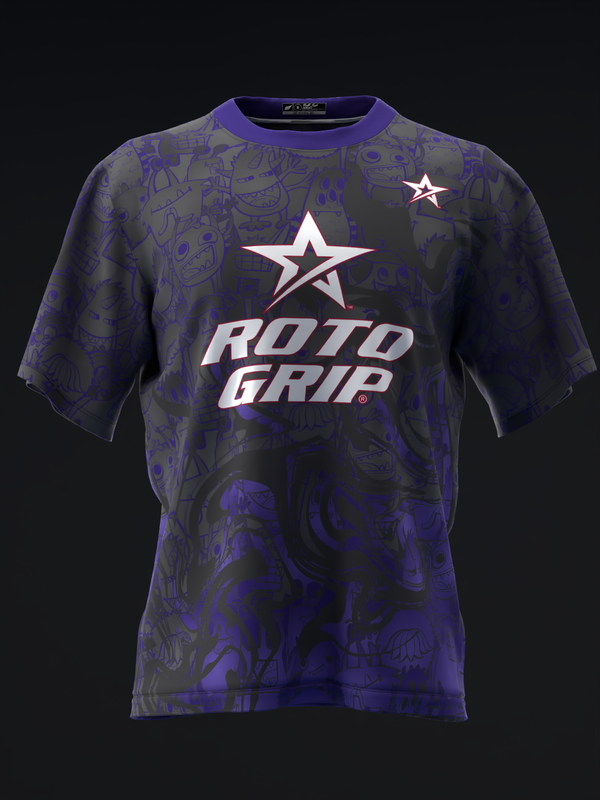 Black bowling jersey with purple accents and Roto Grip star logo, front view