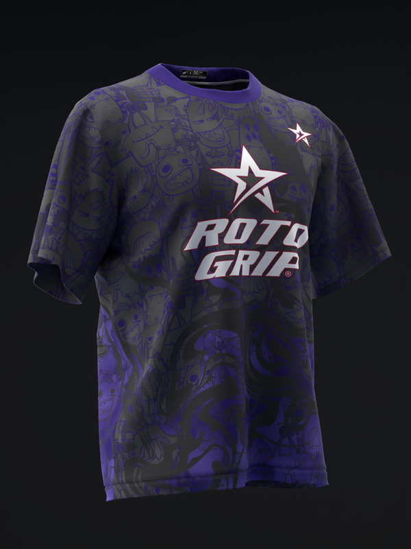 Dark purple bowling jersey with abstract pattern and Roto Grip logo front view