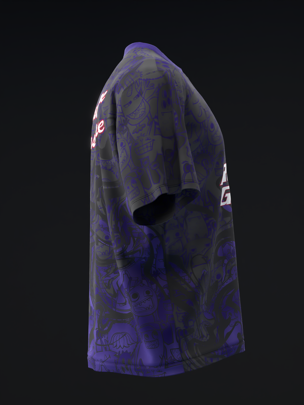 Purple bowling jersey with intricate gray abstract graphic design, side view