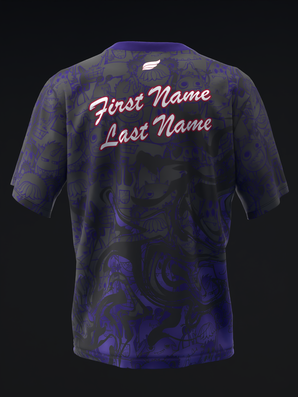 Dark purple bowling jersey back with abstract pattern and pink script name text