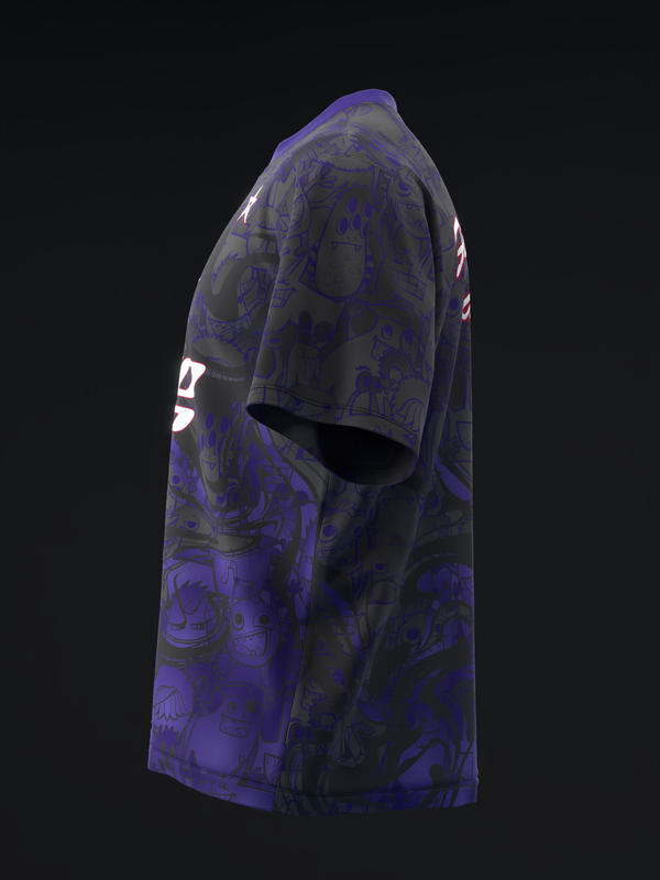 Purple bowling jersey with abstract dark graphic print, side view