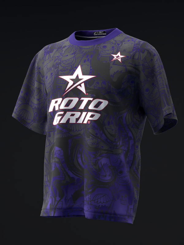 Black bowling jersey with purple abstract pattern and white Roto Grip logo, front view