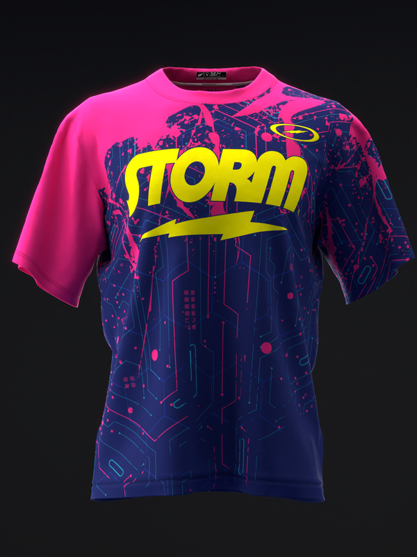 Hot pink and navy bowling jersey with yellow Storm text and lightning bolt graphic