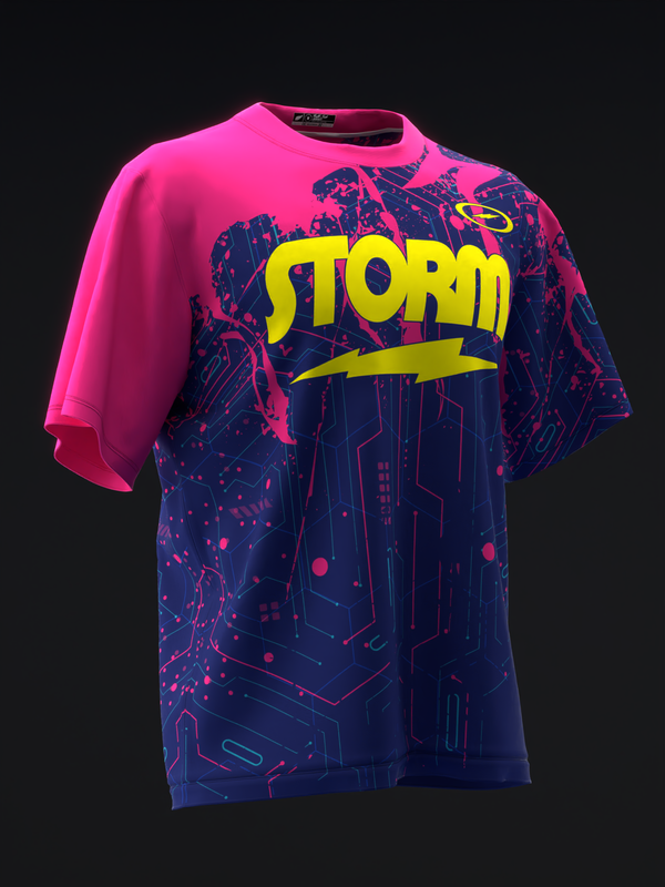 Bright pink and navy bowling jersey with yellow Storm text and lightning bolt graphic