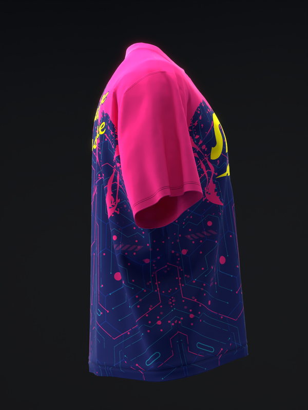 Hot pink and navy bowling jersey with circuit board graphic pattern back view