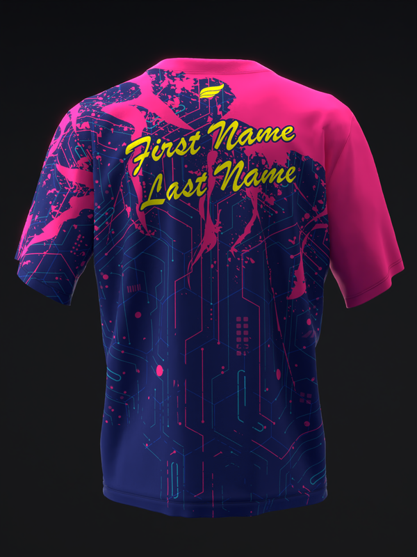Bowling jersey with neon pink and navy gradient, digital circuit board pattern, and yellow personalized name text
