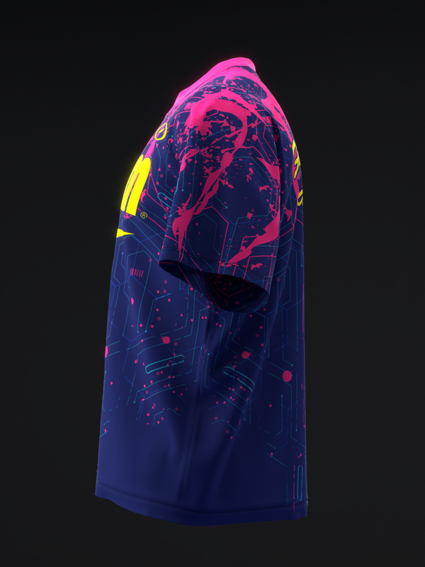 Bowling jersey in navy and hot pink with neon yellow stripe and futuristic circuit board graphic design, side view