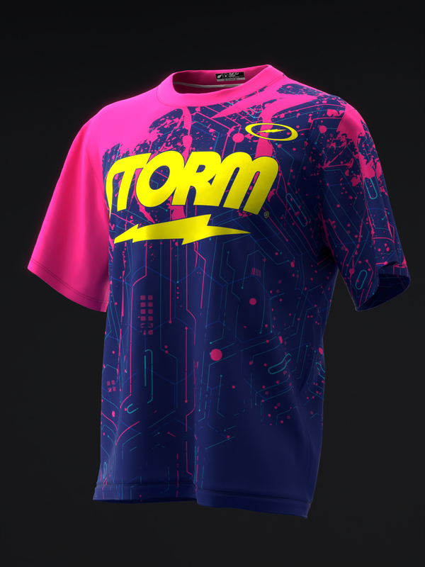 Bowling jersey with neon yellow Storm text and circuit board pattern on navy and pink colorblock front view
