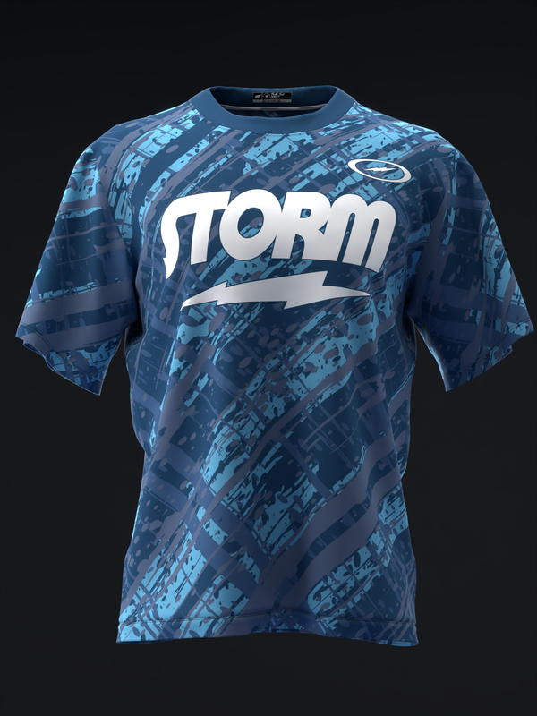 Blue Storm bowling jersey with abstract digital pattern and white logo front view