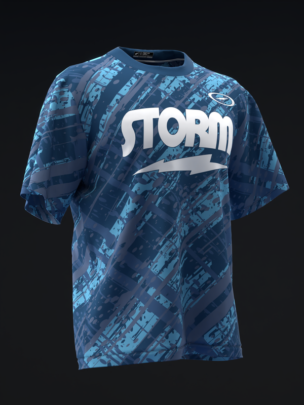 Blue digital camo bowling jersey with large white Storm logo and lightning bolt graphic