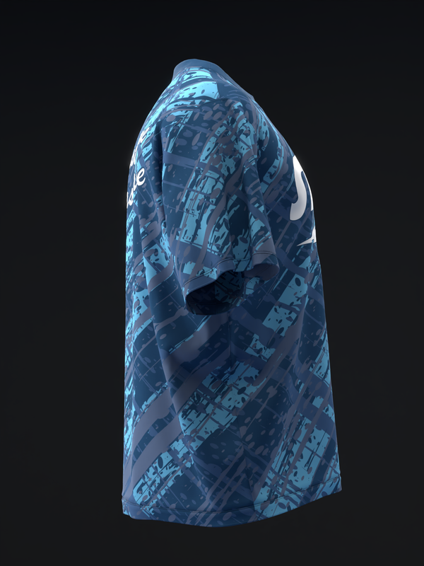 Blue bowling jersey with geometric circuit board pattern, side view shown