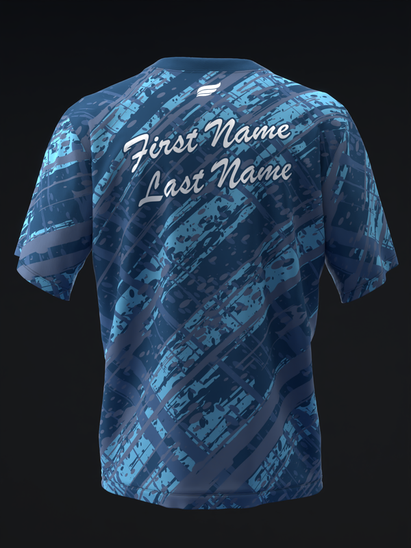 Back view of blue bowling jersey with diagonal stripe pattern and personalized name text