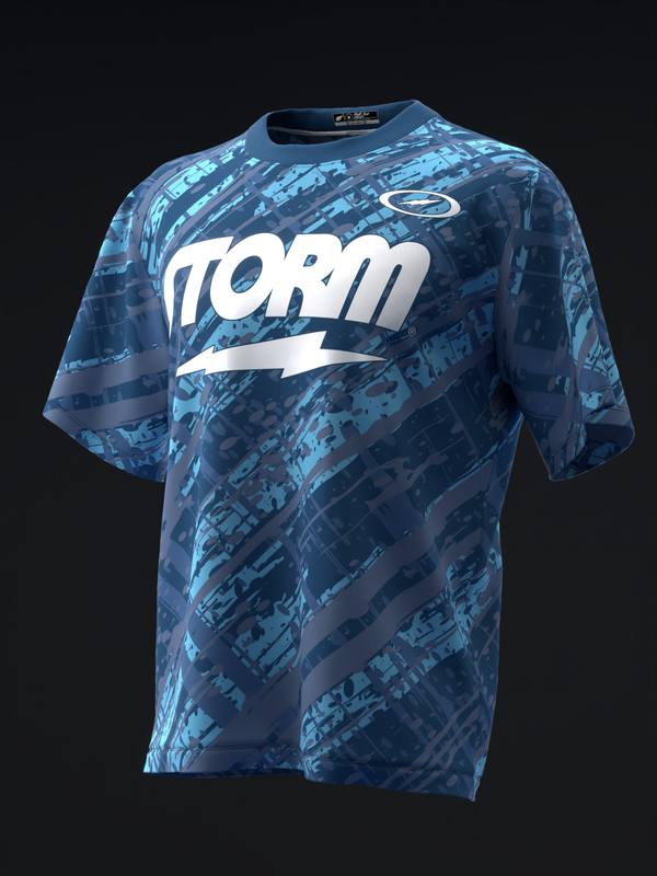 Blue digital camo bowling jersey with white TORM text and lightning bolt graphic