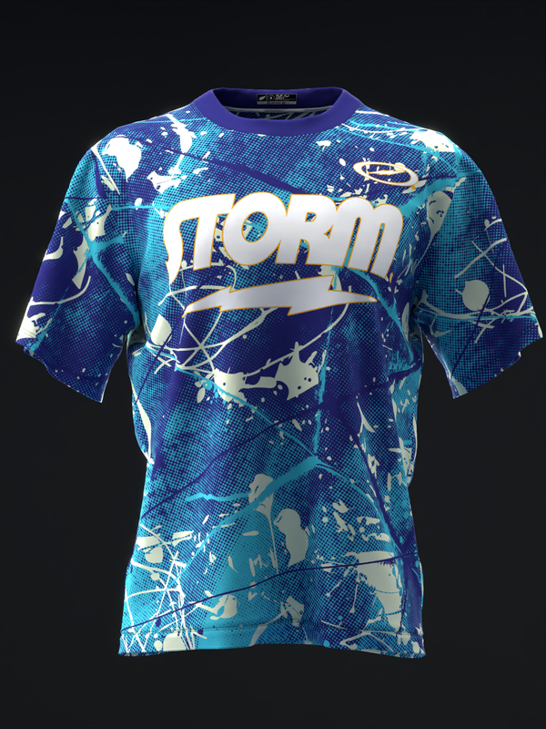 Blue and teal bowling jersey with white storm logo and abstract geometric pattern