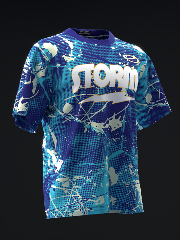 Blue and teal bowling jersey with white Storm text and abstract geometric pattern