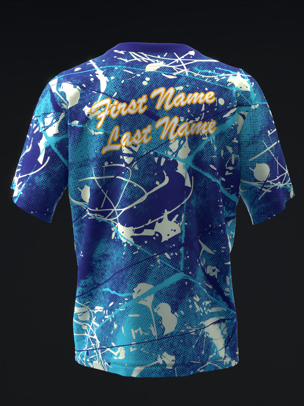 Blue bowling jersey with abstract splatter design and gold personalization text on back