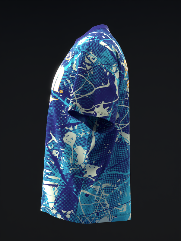 Blue bowling jersey with abstract white and teal geometric design, front view