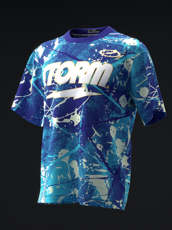 Blue bowling jersey with white storm graphic and geometric pattern design, front view