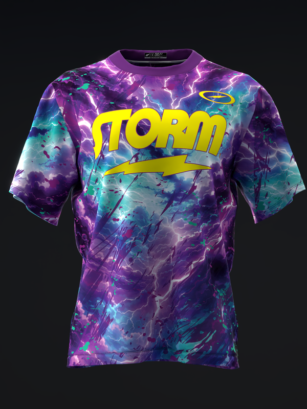 Purple and teal tie-dye bowling jersey with yellow Storm graphic and lightning bolt design