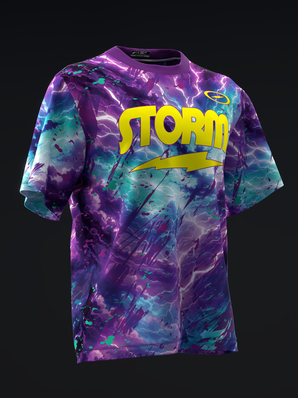 Purple and teal tie-dye bowling jersey with yellow Storm text and lightning bolt graphic, front view