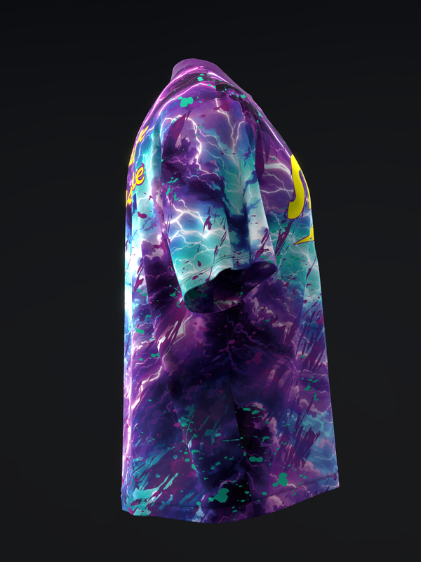Purple bowling jersey with vibrant lightning and storm cloud graphic pattern
