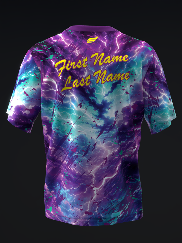 Purple and teal lightning storm bowling jersey with customizable name text, back view