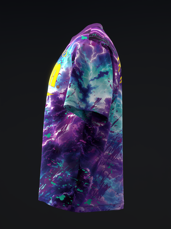 Purple bowling jersey with abstract storm cloud and lightning graphic pattern side view