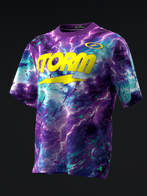 Purple and teal lightning bolt tie-dye bowling jersey with yellow Storm text and graphic