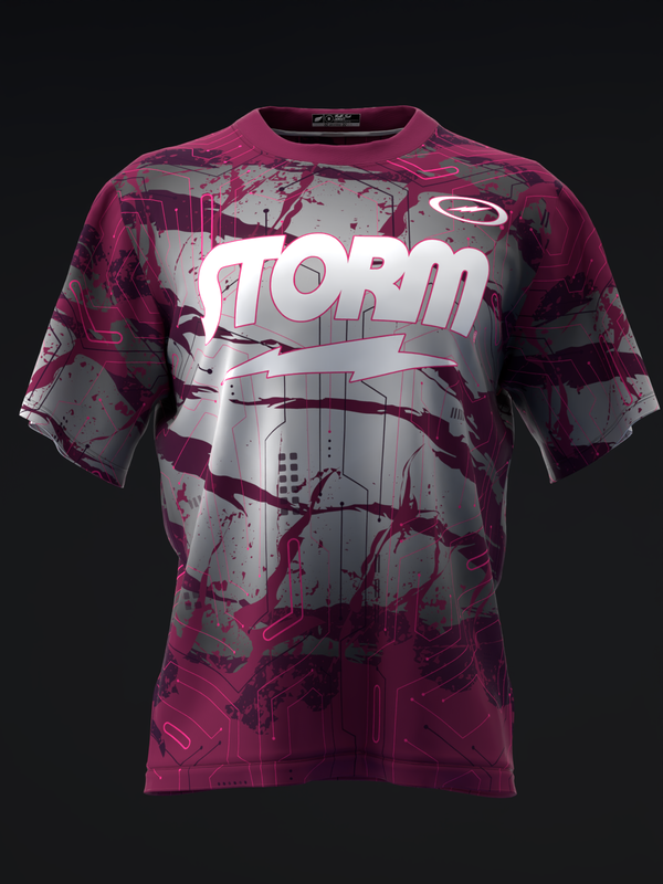 Magenta bowling jersey with silver Storm logo and abstract tech-inspired graphic design, front view