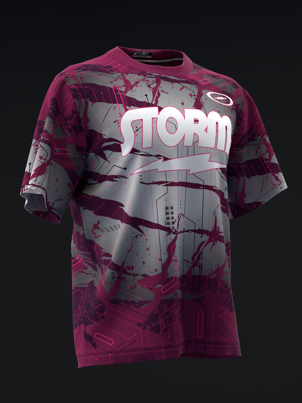 Magenta and gray bowling jersey with Storm logo and geometric rocket graphic design