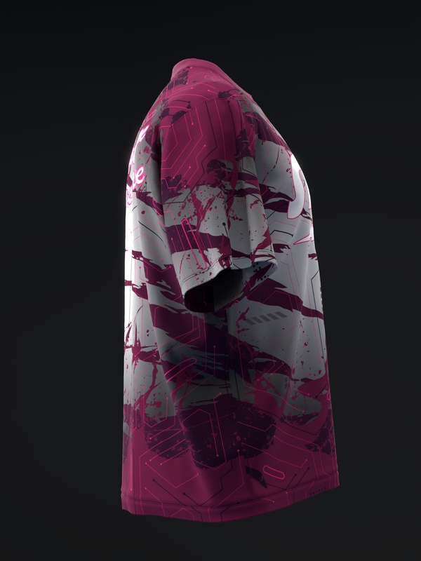 Magenta and white bowling jersey with abstract geometric graphic design, side view