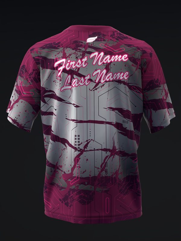 Maroon bowling jersey with abstract circuit design and personalized name placement, back view