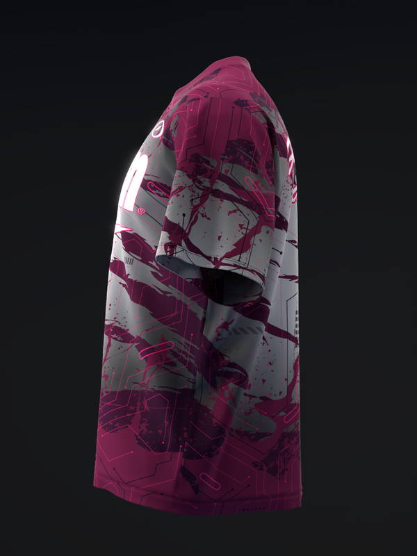 Pink and white bowling jersey with geometric circuit board pattern and splatter design