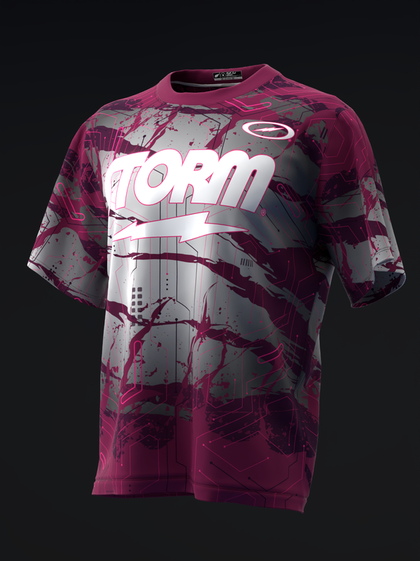Maroon and gray bowling jersey with white Storm logo and circuit board graphic design