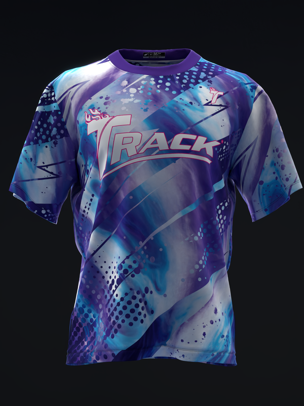 Purple and blue bowling jersey with gradient abstract design and Track logo front view