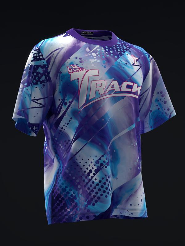 Front view of purple and cyan bowling jersey with abstract geometric track design pattern