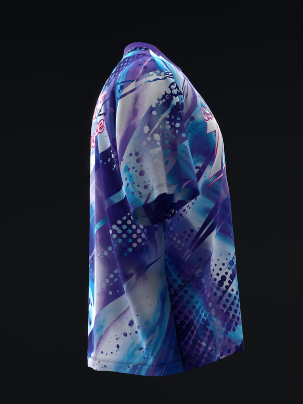 Bowling jersey with purple, blue, and white abstract dot and paint splatter design, side view