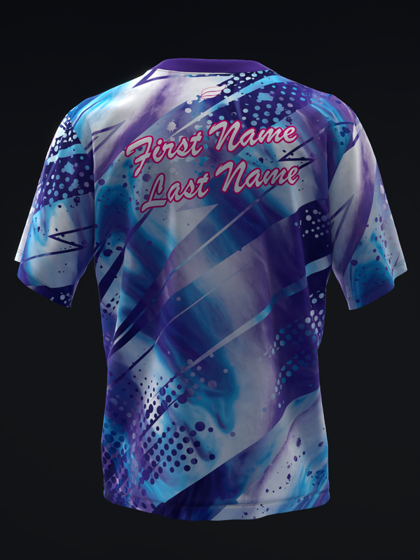Bowling jersey back view with purple, blue, and white gradient design and personalization text