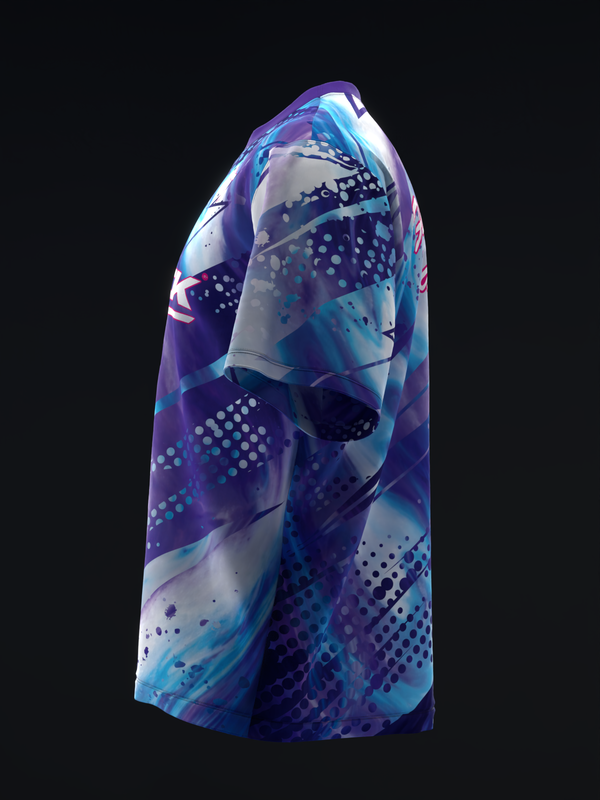 Blue and purple bowling jersey with halftone dot pattern and swirl design, side view