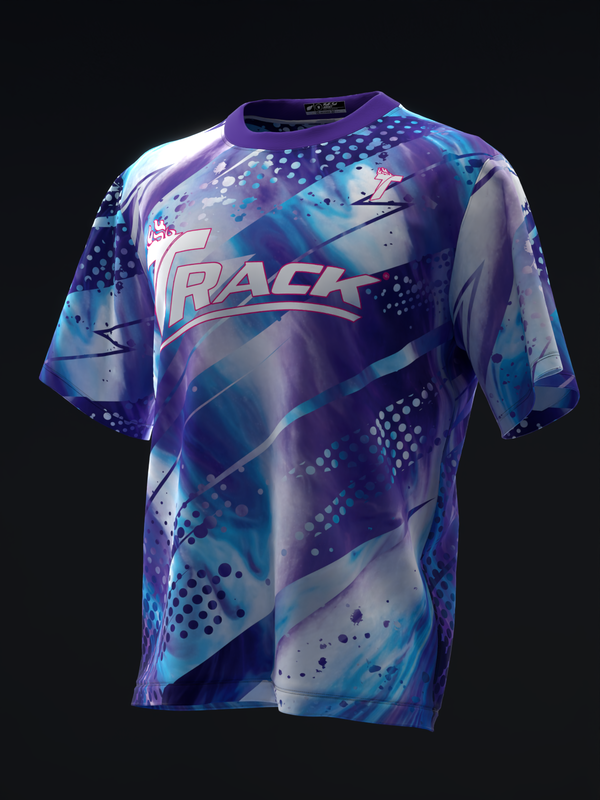 Purple and blue bowling jersey with abstract geometric pattern and Track logo