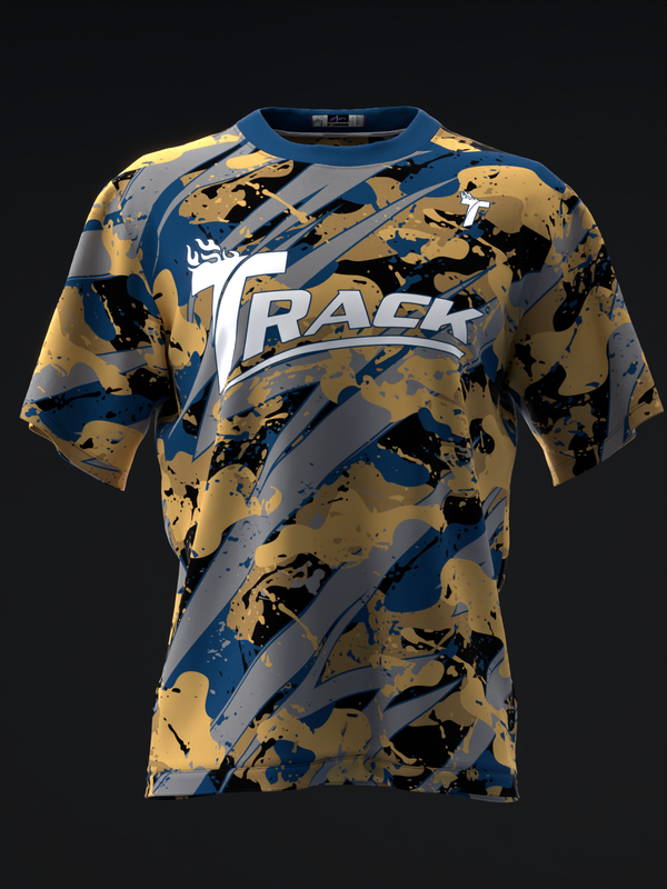 Blue and gold bowling jersey with track logo and splatter pattern design, front view