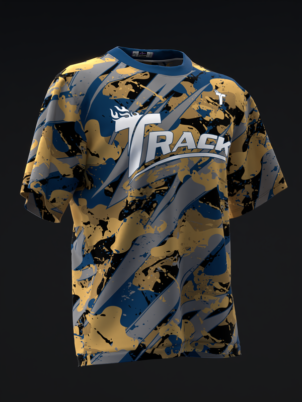 Gold and blue splatter camo bowling jersey with white Track logo, front view