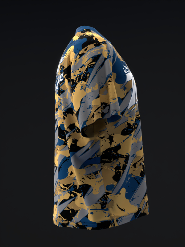 Blue, gold, and black camo patterned bowling jersey front view