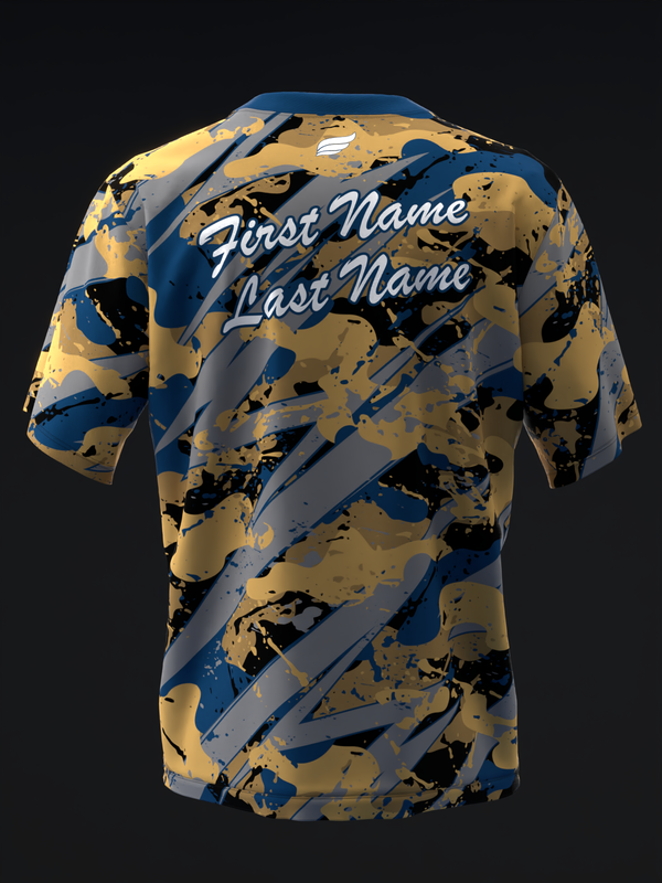 Back view of bowling jersey with gold, blue, and black splatter pattern and personalization lines