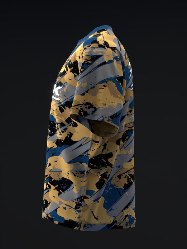 Blue, gold, and black splatter pattern bowling jersey, side view