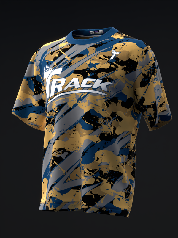 Blue, gold, and black camo bowling jersey with white RACK text, front view